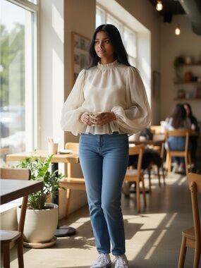 HYFVE Boho Smocked Peplum Blouse Cream Sheer Balloon Sleeve Top S